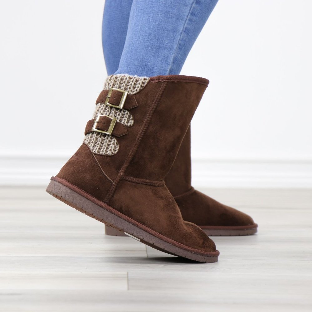 Brown Winter Warm Sherpa Lining Inside  No Heel Mid Calf Flat Boots - Picture 4 of 11